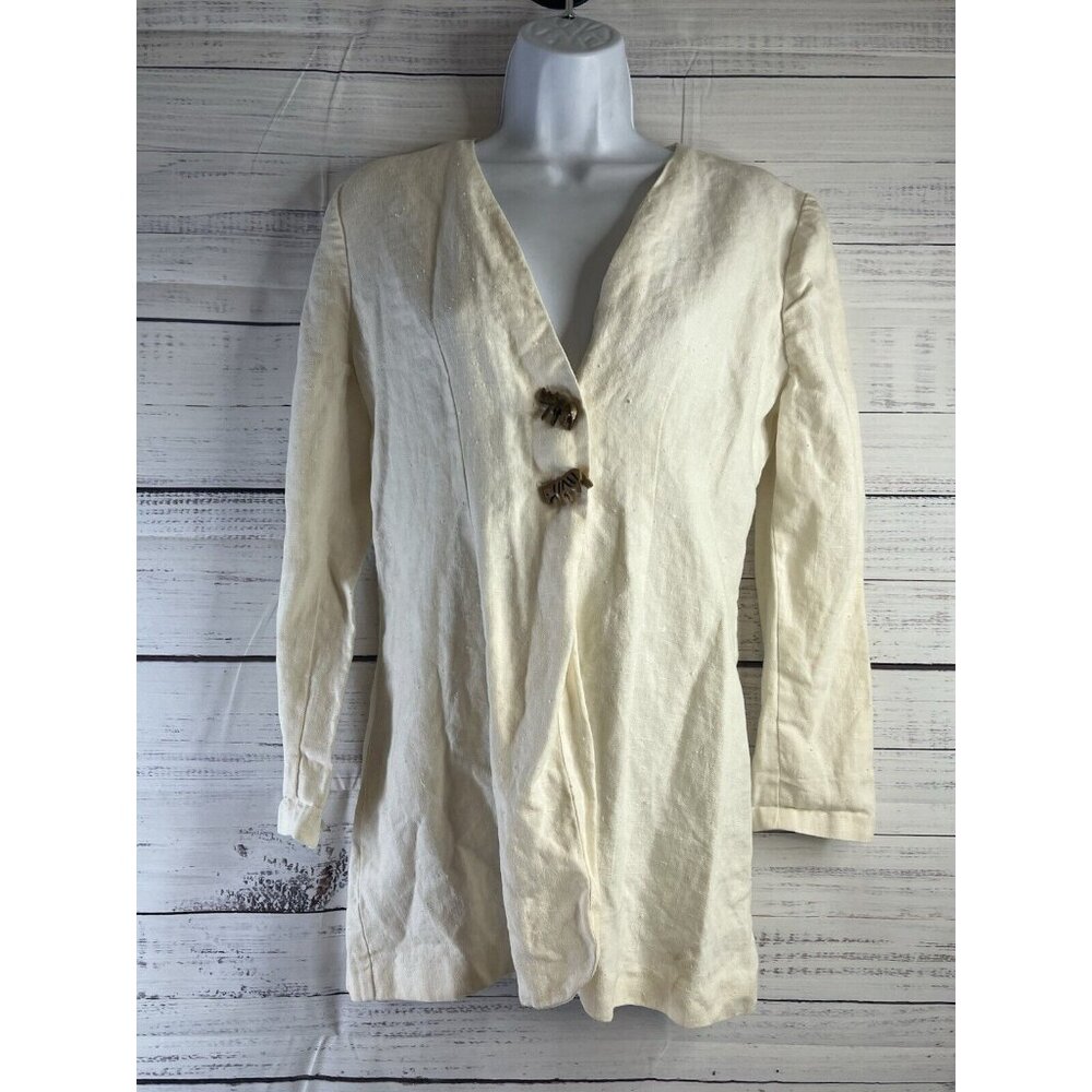 Miss Mariko Tan Linen Two Button Shirt Jacket Size Medium Animal Button beach